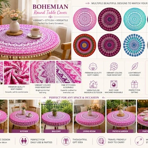Peut inclure: Une nappe ronde ornée d'un motif mandala rose et blanc vif avec une bordure à pompons blancs. Le produit est présenté dans divers environnements, notamment une salle à manger, une cuisine, un balcon et une terrasse, avec des tailles de 71 à 203 cm.