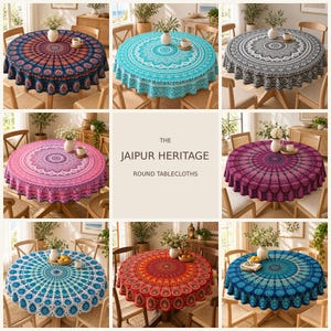 Peut inclure: Une collection de nappes rondes présentant des motifs mandala complexes dans diverses couleurs, notamment bleu, turquoise, gris, rose, violet et rouge. Le texte THE JAIPUR HERITAGE ROUND TABLECLOTHS est centré au milieu de l'image.