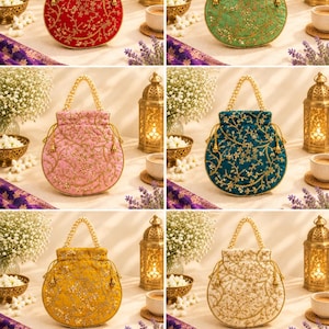 May include: A collection of eight round drawstring pouches featuring intricate gold floral embroidery, sequin accents, and a beaded pearl handle. The pouches are available in red, green, pink, teal, yellow, cream, black, and magenta fabric.
