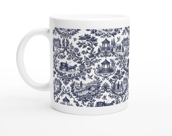 White Ceramic Mug | Navy Cottage Scene, Nostalgic Elegance Coffee Cup