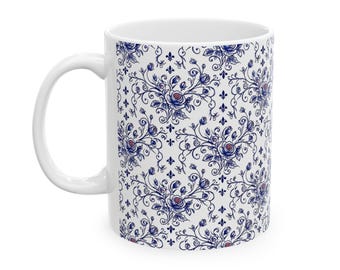 ホワイトセラミックマグカップ｜ブルーの花柄デザイン、11オンスコーヒーカップ