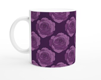 White 11oz Ceramic Mug with Purple Flowers Design | Unique Floral Coffee Cup | Gift for Her | Dishwasher Safe