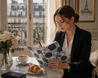 ハードカバージャーナル、黒い花柄のノート（書き込み・メモ用）