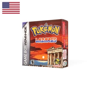 May include: A Game Boy Advance video game box for Pokémon Lazarus. The box features a sunset landscape with a Greek-style temple, the Pokémon logo, and the title Lazarus in blue text. The ESRB E rating and Nintendo branding are visible.
