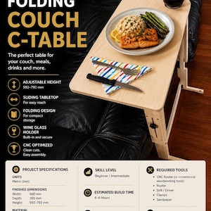 Adjustable Folding Couch C-Table Plans, CNC DXF Files, DIY Woodworking (Digital Download)