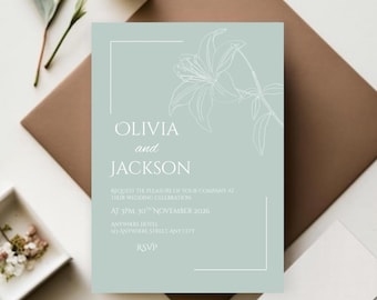 Invitación de boda elegante y minimalista en color verde salvia con diseño floral blanco.