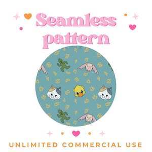 May include: A teal seamless pattern featuring cartoon characters, including a cat, a duckling, a cactus, and a winged pig. The words "Seamless pattern" are in pink, and the words "Unlimited commercial use" are in orange.