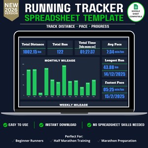 May include: A laptop screen displays a running tracker spreadsheet template. The screen shows total distance, total run, time, average pace, and a monthly mileage graph. Text includes "Easy to Use" and "Instant Download."