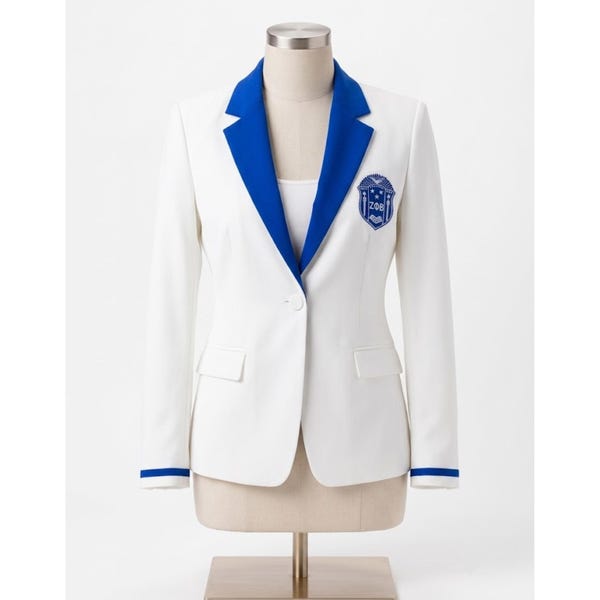 Chaqueta de la hermandad Zeta Phi Beta, hecha a mano, blanca con solapa de contraste azul, para mujer.