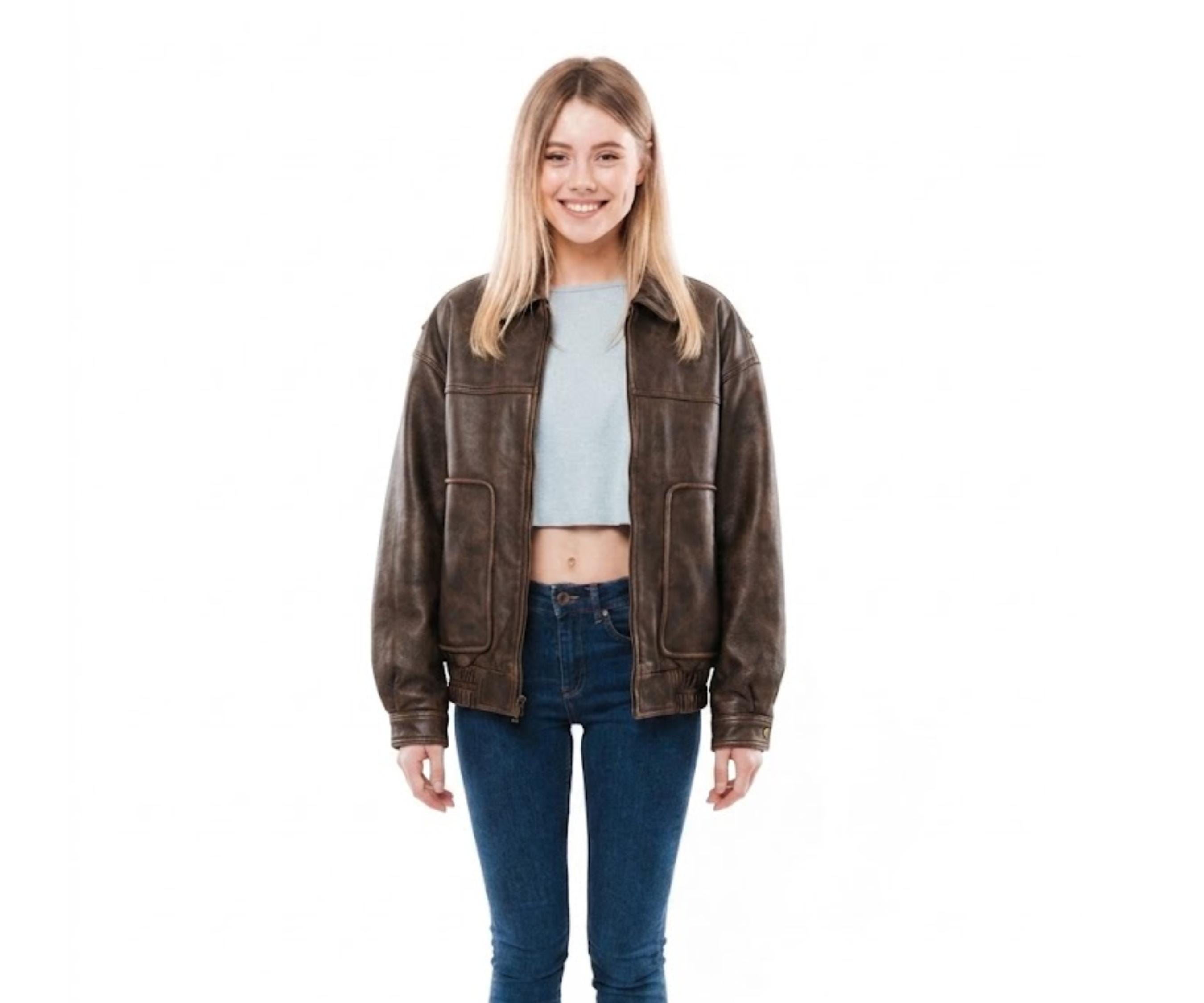 80s Vintage Oversized Brown Leather Jacket Distressed Bomber Retro