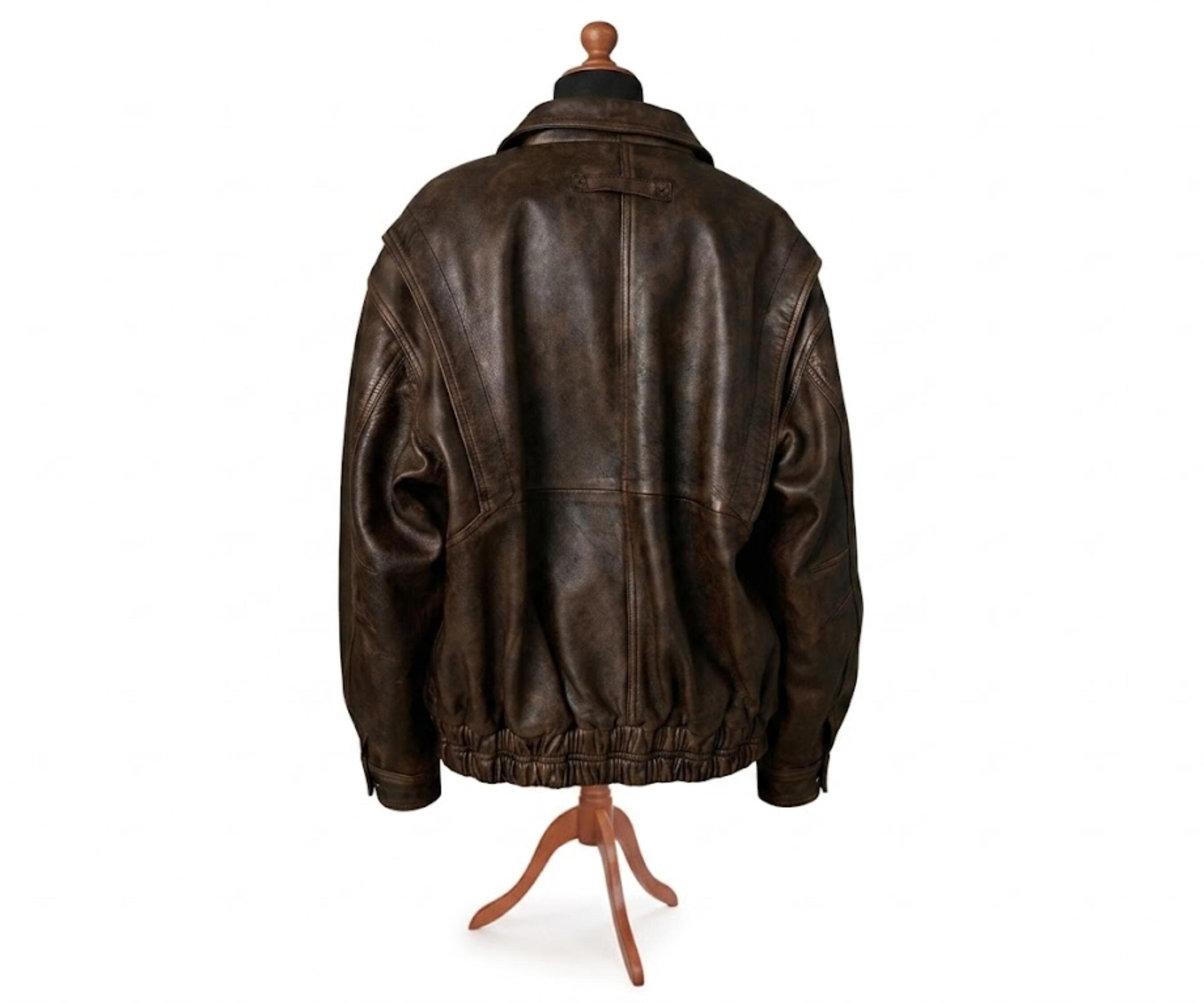 80s Vintage Oversized Brown Leather Jacket Distressed Bomber Retro
