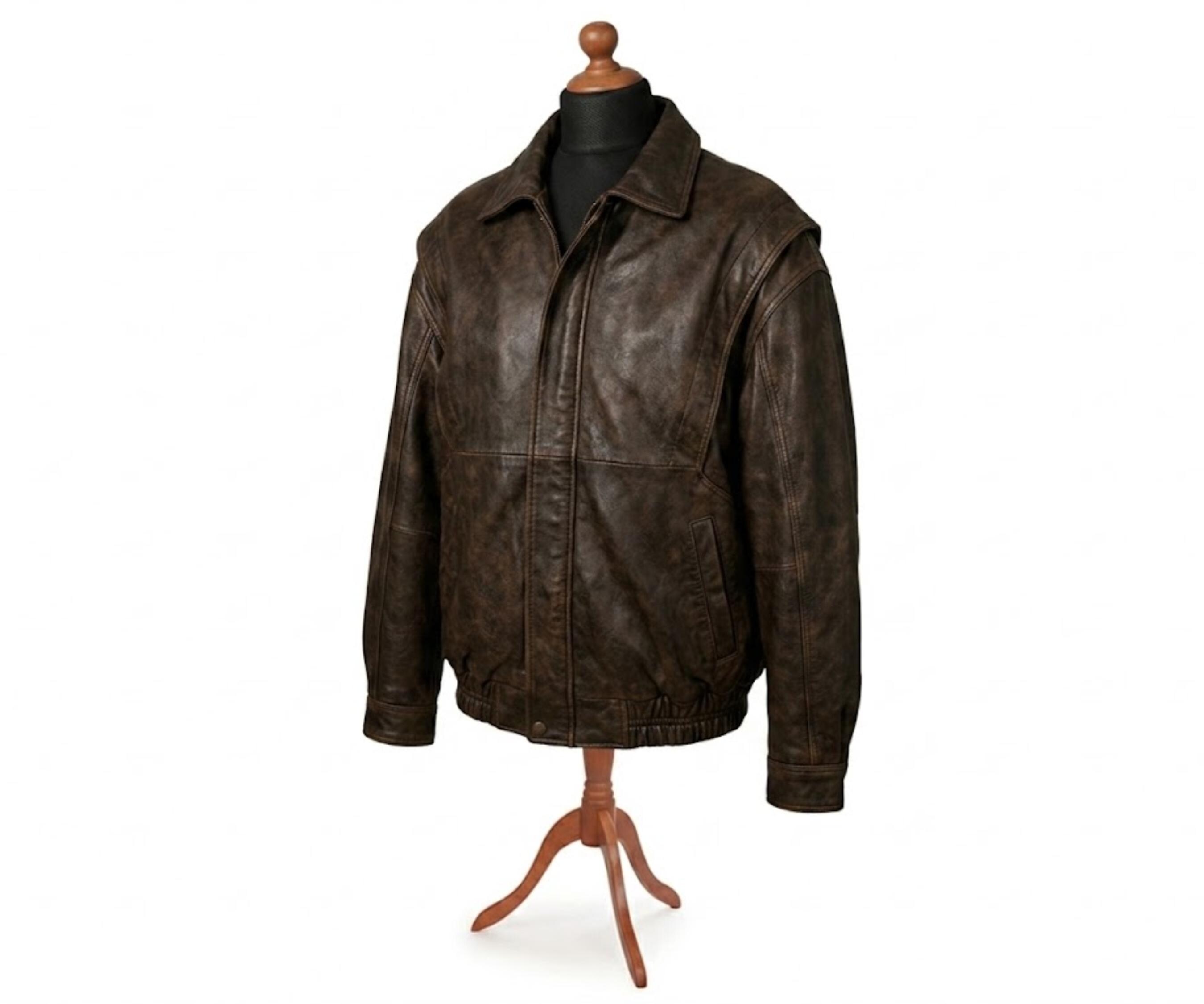 80s Vintage Oversized Brown Leather Jacket Distressed Bomber Retro