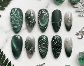Emerald Cat Eye Press On Nails, 3D Leaf Moon Celestial Design, Witchy Green Nails