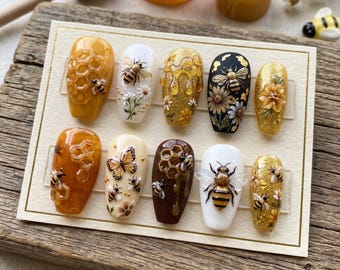 Honey Bee Press On Nails | 3D Gel Honeycomb, Bumblebee Art, Cottagecore Style