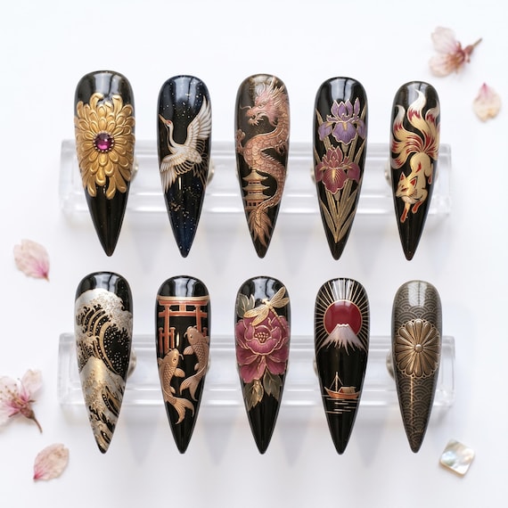Japanese Art Press On Nails, Black Gold Dragon Crane Ukiyo-e Style, Hand-Painted Custom Nails