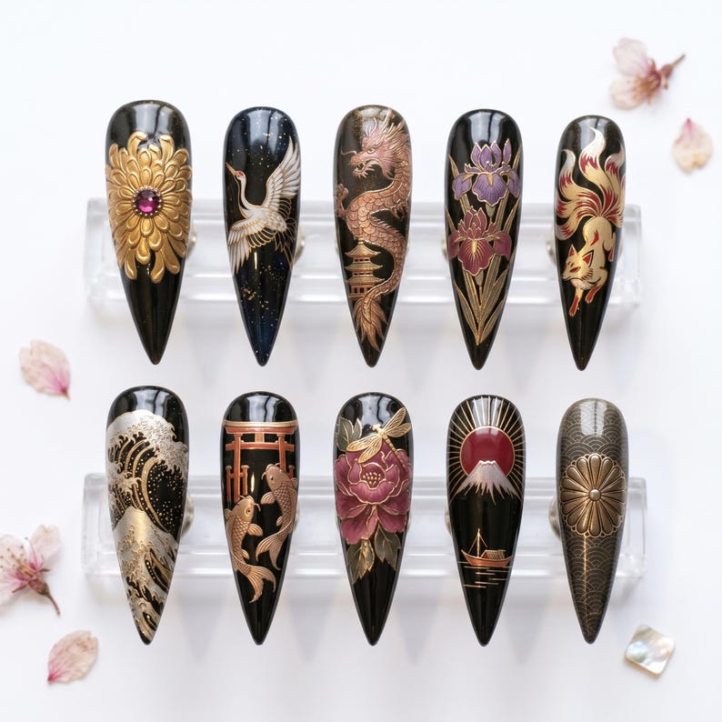 May include: A set of ten long, black, almond-shaped artificial nails with Japanese-inspired designs. Each nail features gold, red, and purple accents, depicting flowers, dragons, and landscapes. The nails are displayed on a clear stand.