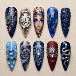 Surrealist Art Press On Nails, Salvador Dali Inspired Melting Clock Fake Nails, Luxury Gothic Eye and Snake Custom Nails