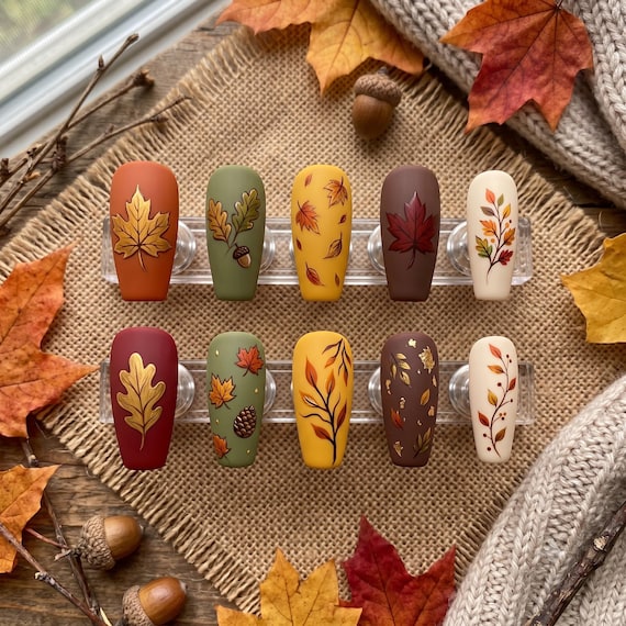 20 Fall Nail Ideas With Leaves, Plaid and Cozy Colors 5 Matte Forest Botanicals