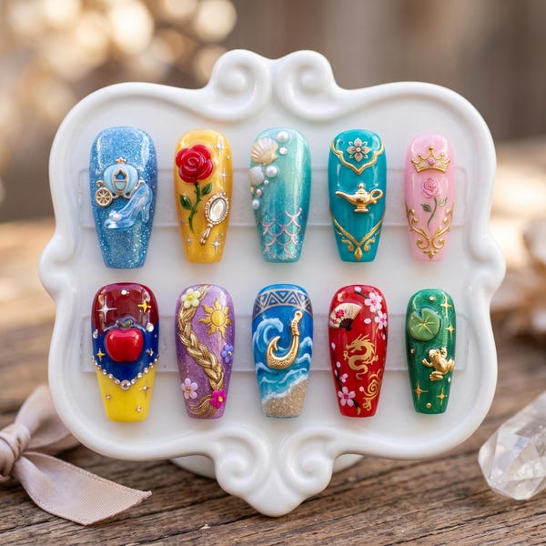Princess Press on Nails | PricessInspired Nail Art | Cartoon Character Press Ons | Magic Kingdom Nails | Handmade Gel Nails