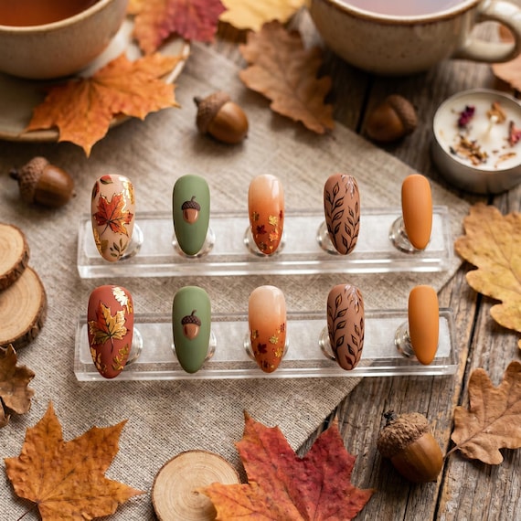 20 Thanksgiving Nail Ideas for a Festive Fall Manicure 10 Matte Leaves and Acorns