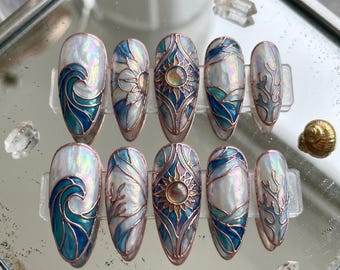Ocean Pearl Stained Glass Press-On Nails, Mermaid Wave Sun Art Set