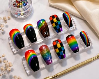 Rainbow Pride Checkerboard Press On Nails, Glossy Black Ombre Glitter Glue On