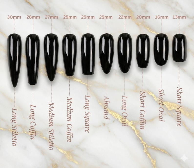 May include: Ten glossy black artificial nails are displayed, varying in shape and size from 13mm to 30mm. Nail styles include Long Stiletto, Long Coffin, Medium Stiletto, Medium Coffin, Long Square, Almond, Long Oval, Short Coffin, Short Oval, and Short Square.