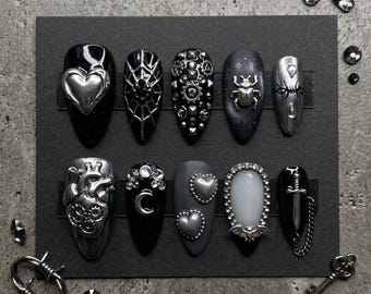 Gothic Steampunk Press On Nails, 3D Anatomical Heart and Sword Fake Nails, Dark Grunge Aesthetic Custom Nails, Gift For Her