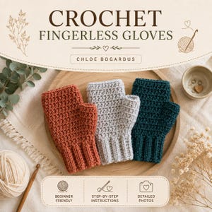 May include: Three pairs of crochet fingerless gloves in rust, light grey, and dark teal. The text reads CROCHET FINGERLESS GLOVES, CHLOE BOGARDUS, BEGINNER FRIENDLY, STEP-BY-STEP INSTRUCTIONS, and DETAILED PHOTOS. A ball of yarn and a crochet hook are visible.