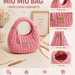 May include: A pink crochet handbag featuring a sturdy handle, gold-toned hardware, and a gold metal logo plate reading "miu miu" on the front. The bag is fully lined with a magnetic snap closure and includes gold-toned rings for the handle attachment.