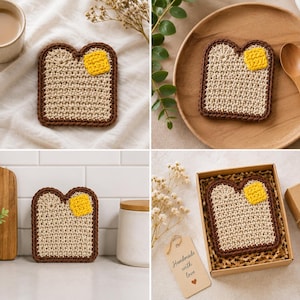 May include: A square-shaped crochet coaster designed to look like a slice of toasted bread with a dark brown crust, a light beige center, and a small bright yellow square patch representing a pat of butter on the top right corner.
