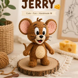 May include: A brown and tan crochet mouse figure with large pink-lined ears, black eyes, and a smiling mouth. The text CROCHET JERRY appears above the figure, along with a small cheese icon and labels for easy instructions and patterns.