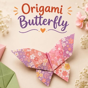 Op de afbeelding: Een origami vlinder gemaakt van papier met een roze, paars en oranje kersenbloesem patroon. De tekst "Origami Butterfly" staat in oranje en paars boven de vlinder gedrukt, vergezeld door een klein oranje hartvormig icoontje.