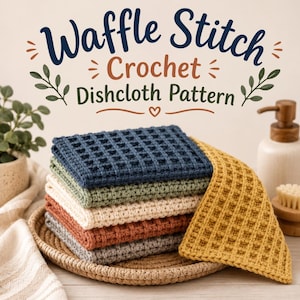 May include: A stack of five square crochet dishcloths featuring a waffle stitch texture in navy blue, sage green, cream, terracotta, and grey, with a mustard yellow dishcloth draped over the side. Text reads Waffle Stitch Crochet Dishcloth Pattern.