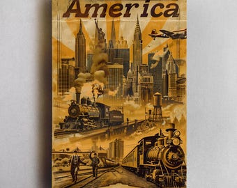 Retro Colors American Railways Historic Poster, Wall Decor Vintage USA Skylines Style Print, 4th of July 250th Anniversary Modern Home Decor
