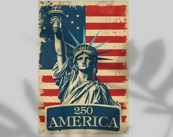 250 Years of America Lady Liberty Poster, Wall Decor USA Flag Retro Style Background Print, 4th of July Commemoration Modern Home Decor