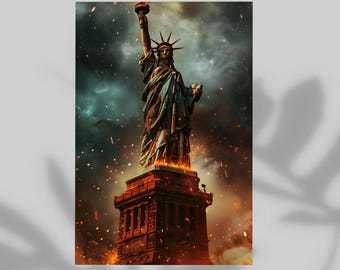 Lady Liberty Fire Theme Inspired Poster, Wall Decor 250 Years of America Celebration Print, 4th of July Gift For Dad Modern Home Decor