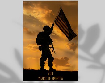 250 Years of America Veteran Style Poster, Wall Decor USA Military Flag Waving Print, Patriotic American Gift 4th of July Modern Home Decor