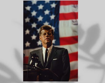 Kennedy Speech Portrait Style Poster, Wall Decor Retro USA Flag Background National Hero Print, 4th of July Patriotic Gift Modern Home Decor