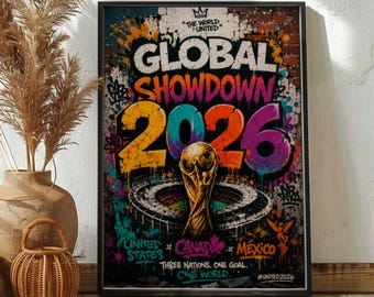 Póster mundial de fútbol 2026, arte mural deportivo con grafitis, decoración para aficionados al fútbol, lámina de estadio, obra de arte inspirada en EE. UU., Canadá y México.
