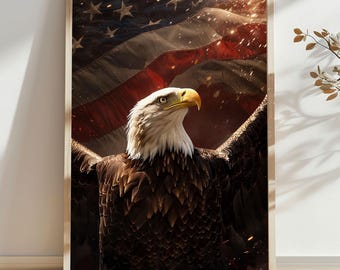 Bald Eagle USA Flag Background Poster, Wall Decor Retro Style 4th of July Print, 250 Years of America Patriotic Unique Modern Home Decor