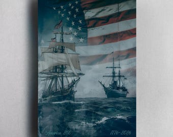 USA Navy Historic Ships Tribute Poster, Wall Decor 4th of July Commemoration Print, 250 Years of America Patriotic Veteran Modern Home Decor