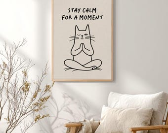 Póster minimalista de gato meditando, decoración de pared con arte lineal zen, lámina con cita relajante, obra de arte moderna y divertida de un gato.