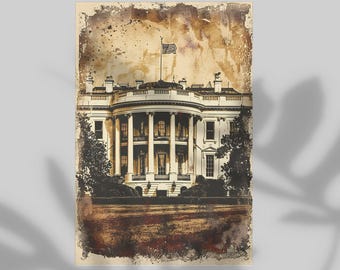 White House Retro Painting Style Poster, Wall Decor Vintage 4th of July Patriotic Print, 250 Years of America Unique Gift Modern Home Decor