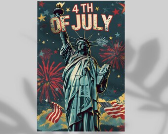 Lady Liberty Cartoon Style Poster, Wall Decor 250 Years of America Celebration Print, Animated 4th of July Fireworks Gift Modern Home Decor