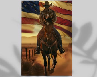 Western Patriotic Cowboy Portrait Style Poster, Wall Decor USA Flag Background Retro Print, 4th of July Commemoration Gift Modern Home Decor