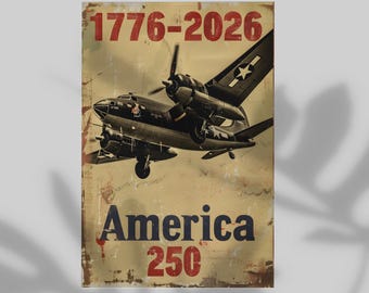 1776-2026 USA Classic Military Plane Inspired Poster, Wall Decor 250 Years of America Print, 4th of July Patriotic Gift Modern Home Decor