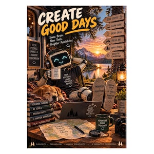 May include: A poster titled CREATE GOOD DAYS featuring a robot with a screen face wearing headphones, sitting with a dog. The robot holds a mug labeled GOOD IDEAS FUEL HAPPY PEOPLE. Text includes lists of positive concepts, a laptop, and a map.