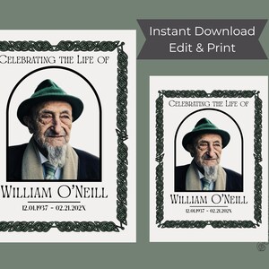 May include: Two memorial cards with a portrait of William O'Neill, framed by a decorative border. The cards read "Celebrating the Life of William O'Neill" with his birth and death dates. The text "Instant Download Edit & Print" is also present.