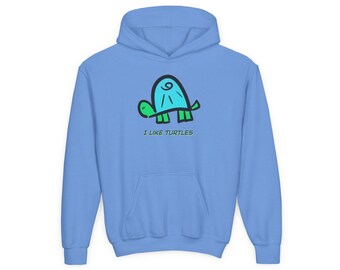Sudadera infantil con capucha "Me gustan las tortugas" (me encantan), ilustración dibujada a mano.